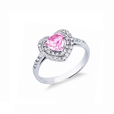 Anillo en forma de corazón en oro blanco de 18k con zafiro rosa 