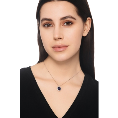 Gargantilla Oro Blanco 18k con zafiro azul 10x8 y halo de diamantes