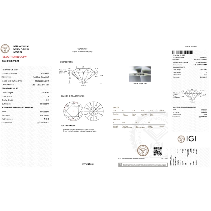 Diamante certificado IGI 1.00 CT F SI1 