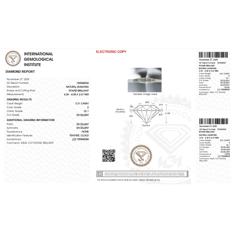 Diamante certificado IGI 0.31 CT E VS1