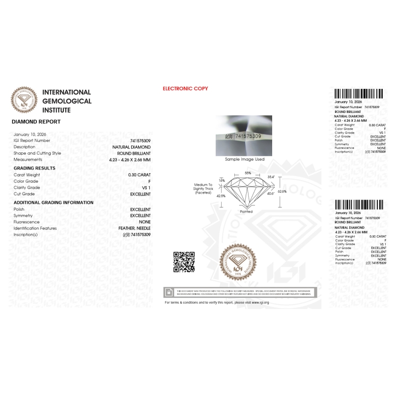 Diamante certificado IGI 0.30 CT F VS1