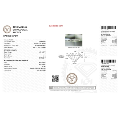 Diamante certificado IGI  0.70 CT F VS2