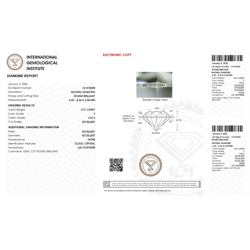 Diamante certificado IGI 0.31 CT F VVS2