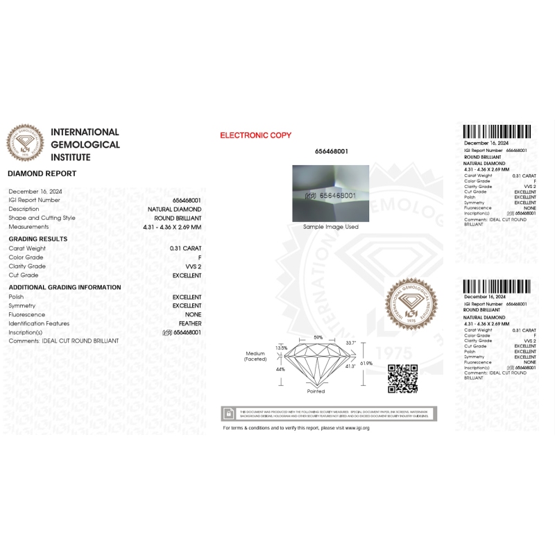Diamante certificado IGI  0.31 CT F VVS2 