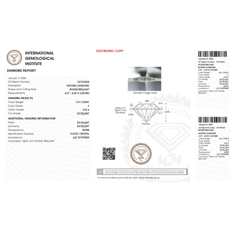 Diamante certificado IGI 0.31 CT F VVS2