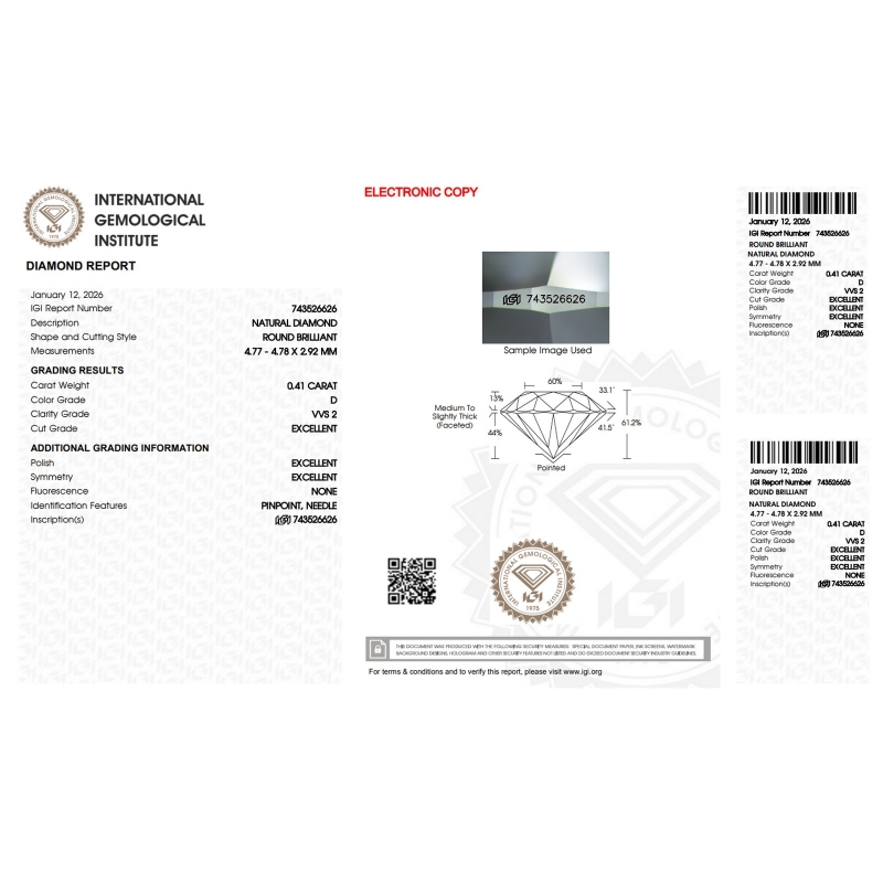 Diamante certificado IGI 0.41 CT D VVS2