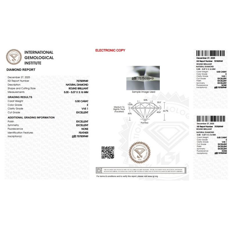 Diamante certificado IGI 0.50 CT E VVS1 