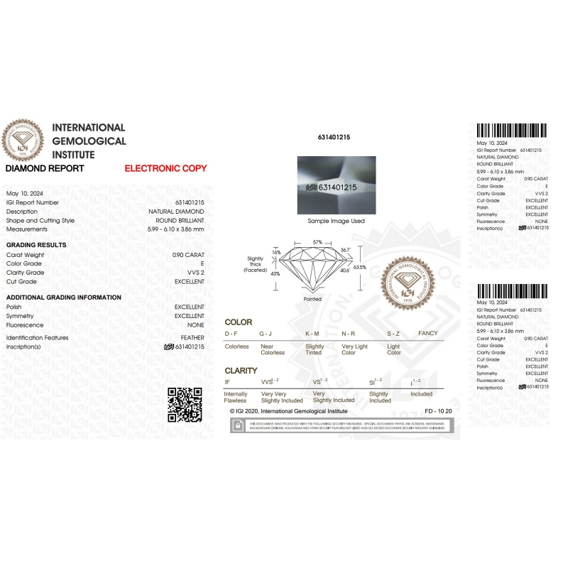 Diamante certificado IGI 0.90CT E VVS2 