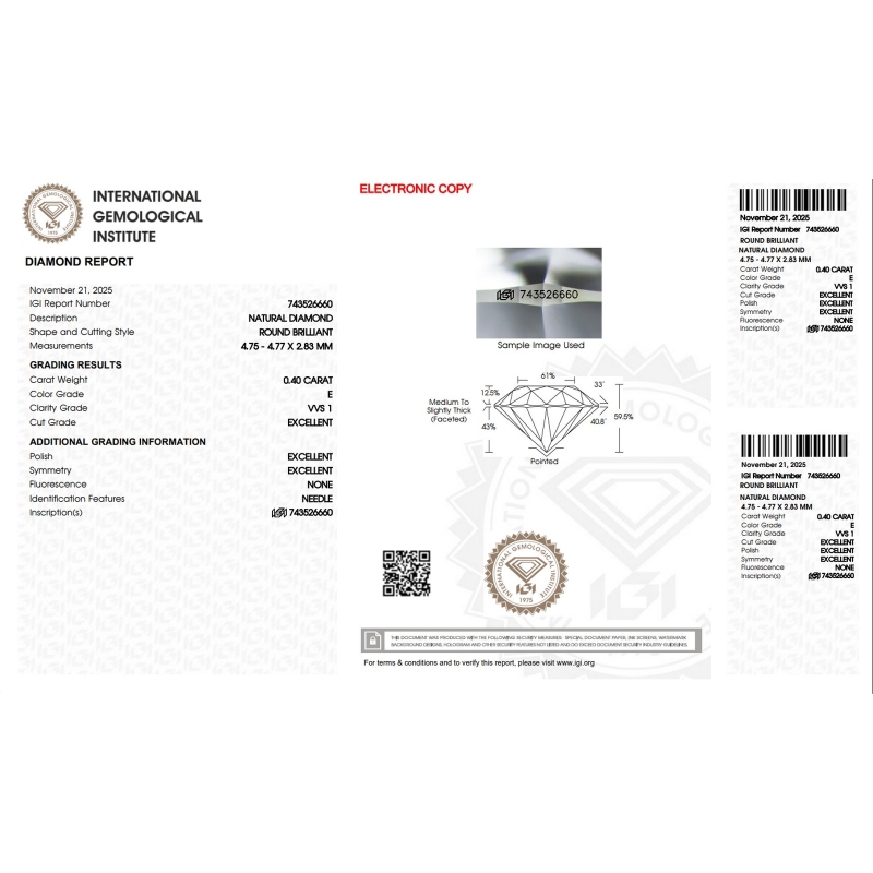 Diamante certificado IGI 0.40 CT E VVS1 