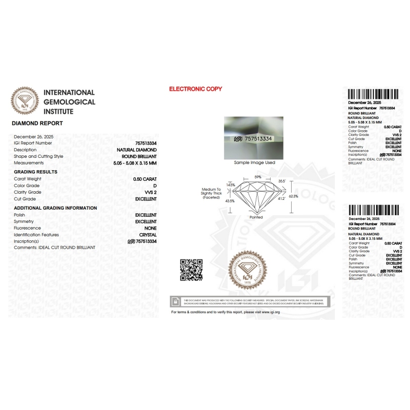 Diamante certificado IGI 0.50 CT D VVS2 