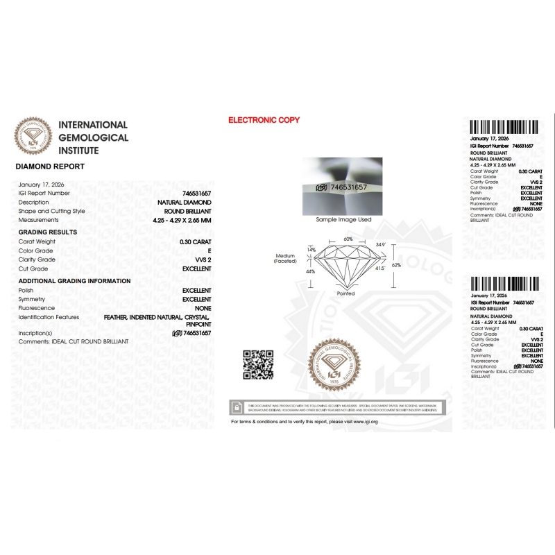 Diamante certificado IGI 0.30CT E VVS2 