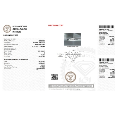 Diamante certificado IGI 0.90CT E VVS1