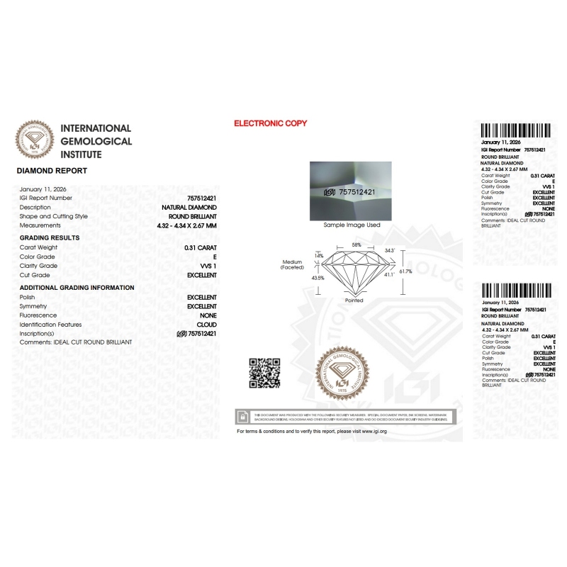 Diamante certificado IGI  0.31CT  E VVS1