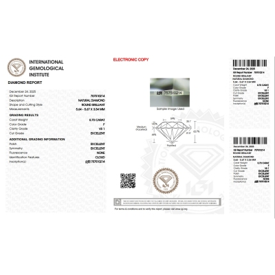 Diamante certificado IGI 0.70 CT F VS1 