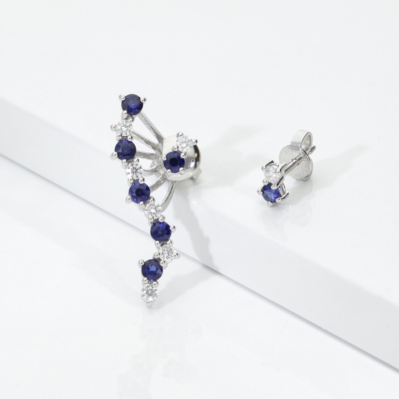 Pendientes asimétricos Oro Blanco 18k con zafiros azules y diamantes