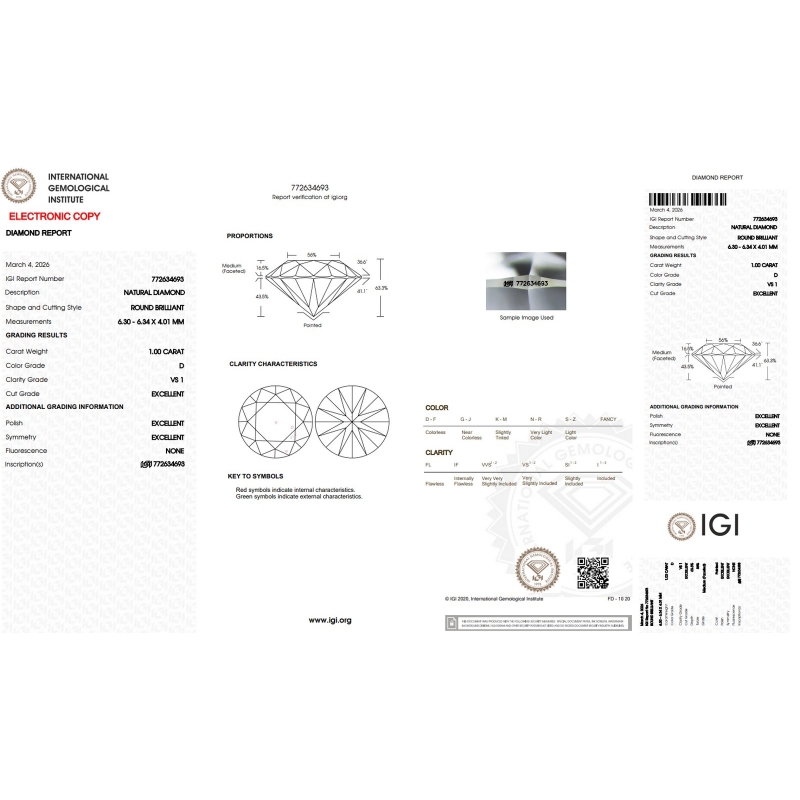 Diamante certificado IGI 1.00CT D VS1 