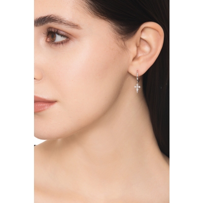 Pendientes de aro en oro blanco 18k con cruz y diamantes