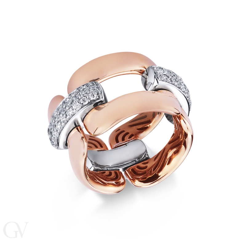 Anillo malla flexible en oro blanco y rosa 18k con diamantes