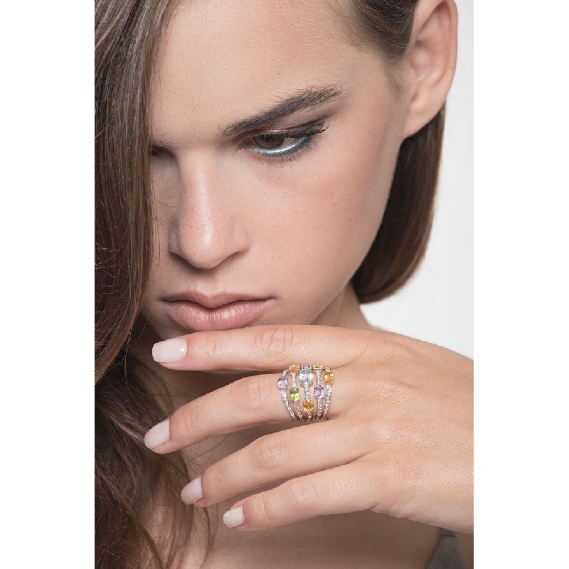 Anillo de banda en oro blanco 18k con peridoto, citrino, amatista, aguamarina y diamantes