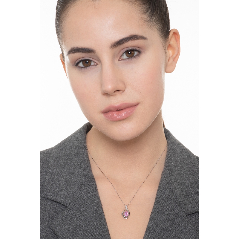 Colgante Zafiro Rosa 7x5 mm y Diamantes Oro Blanco 18k