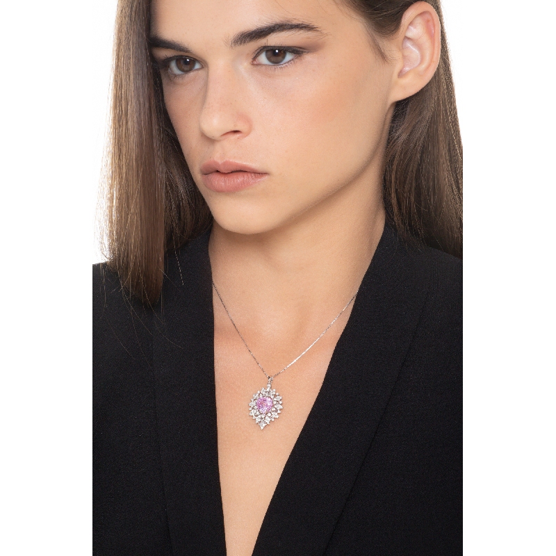 Colgante en oro blanco 18k con zafiro rosa y diamantes