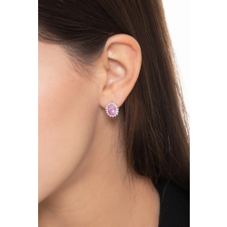 Pendientes halo diamantes oro blanco de 18 quilates con un zafiro rosa ovalado 2