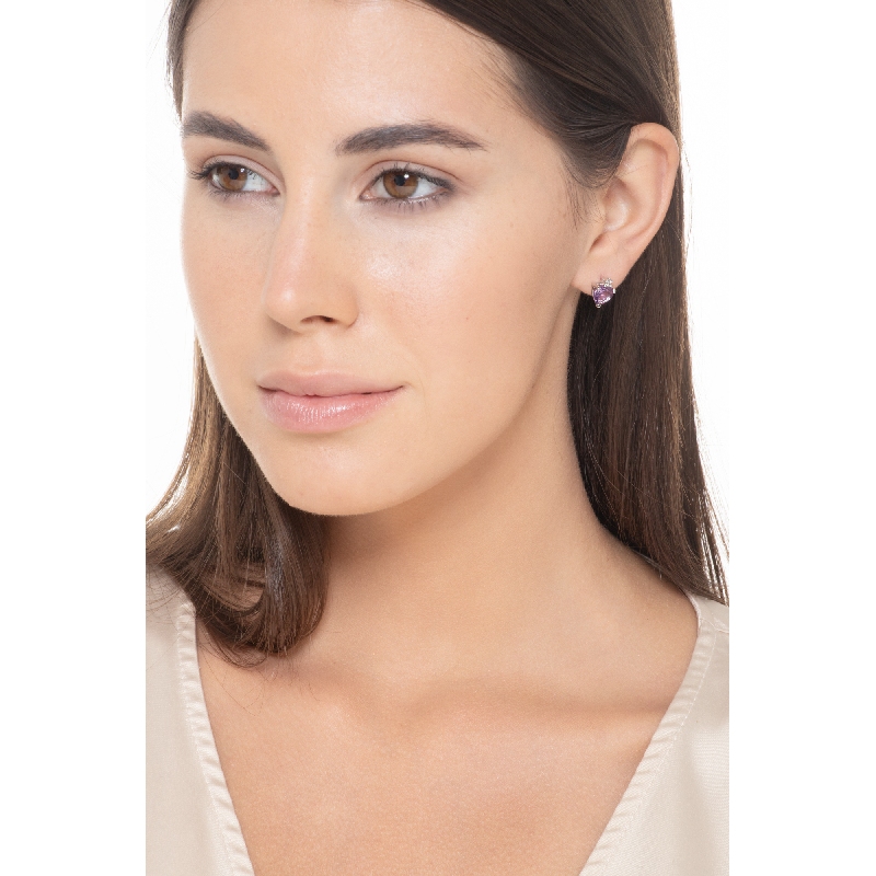 Pendientes Oro Blanco 18k con amatista corazón y diamantes