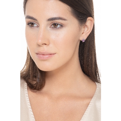 Pendientes Oro Blanco 18k con amatista corazón y diamantes