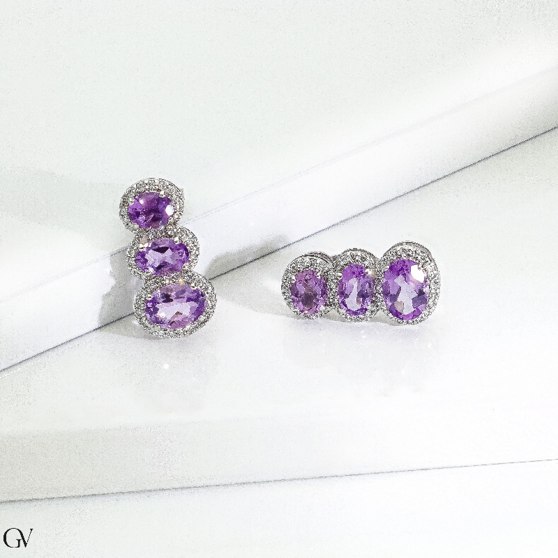 Pendientes amatistas y diamantes oro blanco 18K
