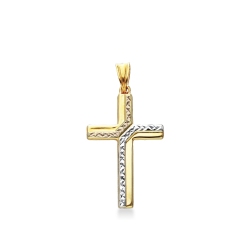 Colgante cruz en oro blanco, rosa y amarillo diamantado