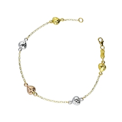 Pulsera en oro tricolor 18k con corazones y diamantes