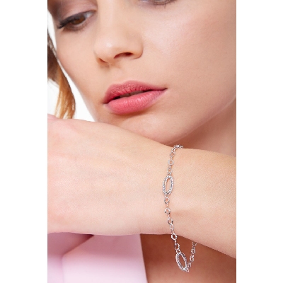 Pulsera eslabones cadena y óvalos oro blanco 18K